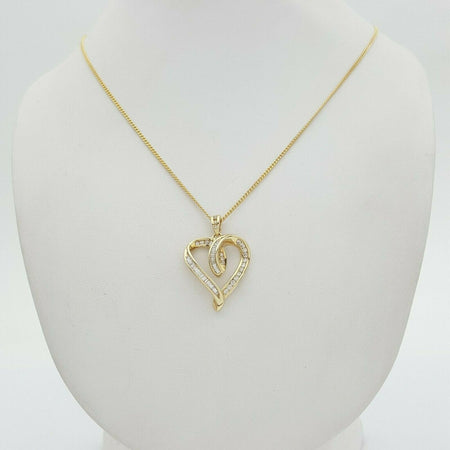 Ladies Necklace 9ct (375, 9K) Yellow Gold Open Heart Pendant Diamond Necklace