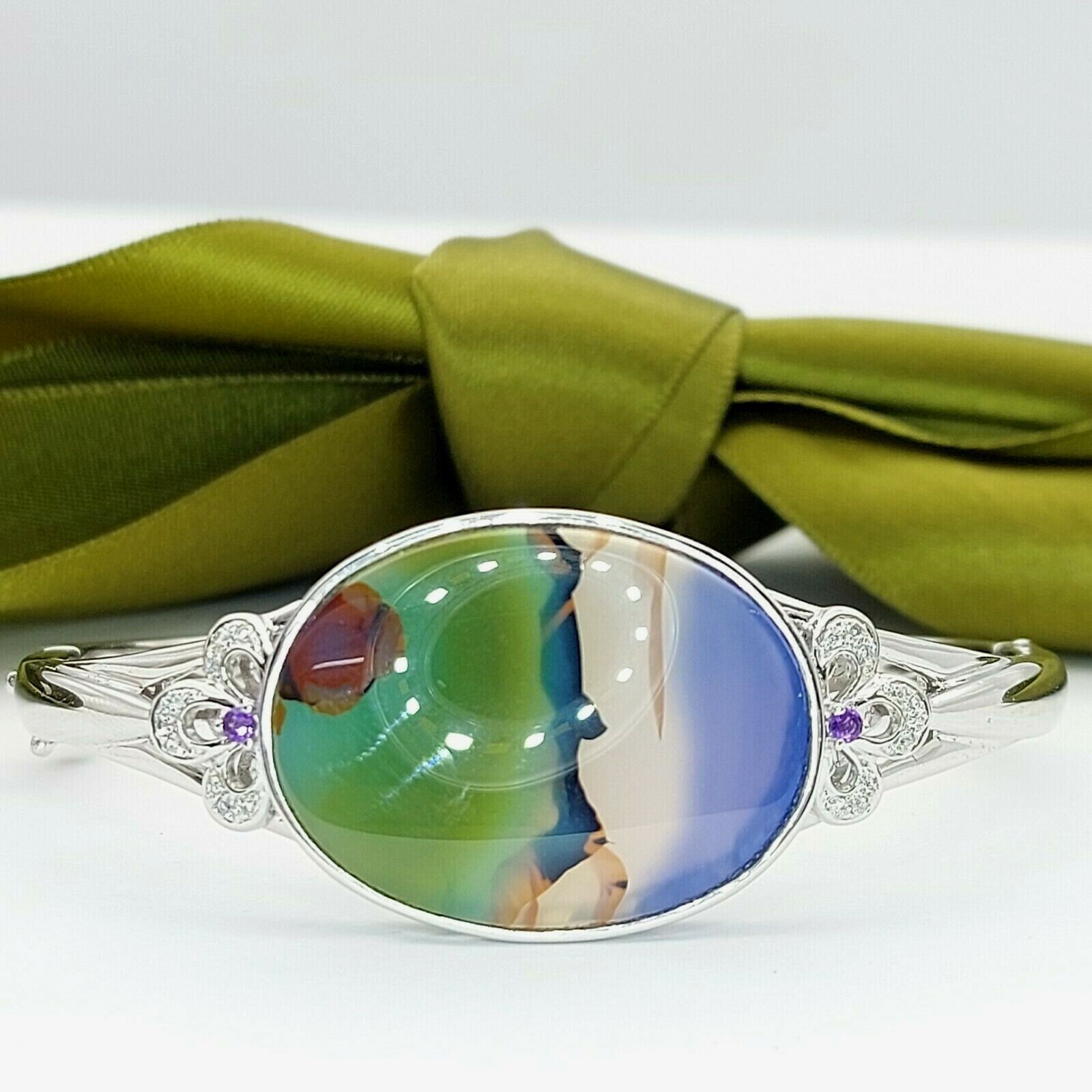 Ladies Landscape Bangle 14ct (585,14K) White Gold Diamond & Amethyst Bangle