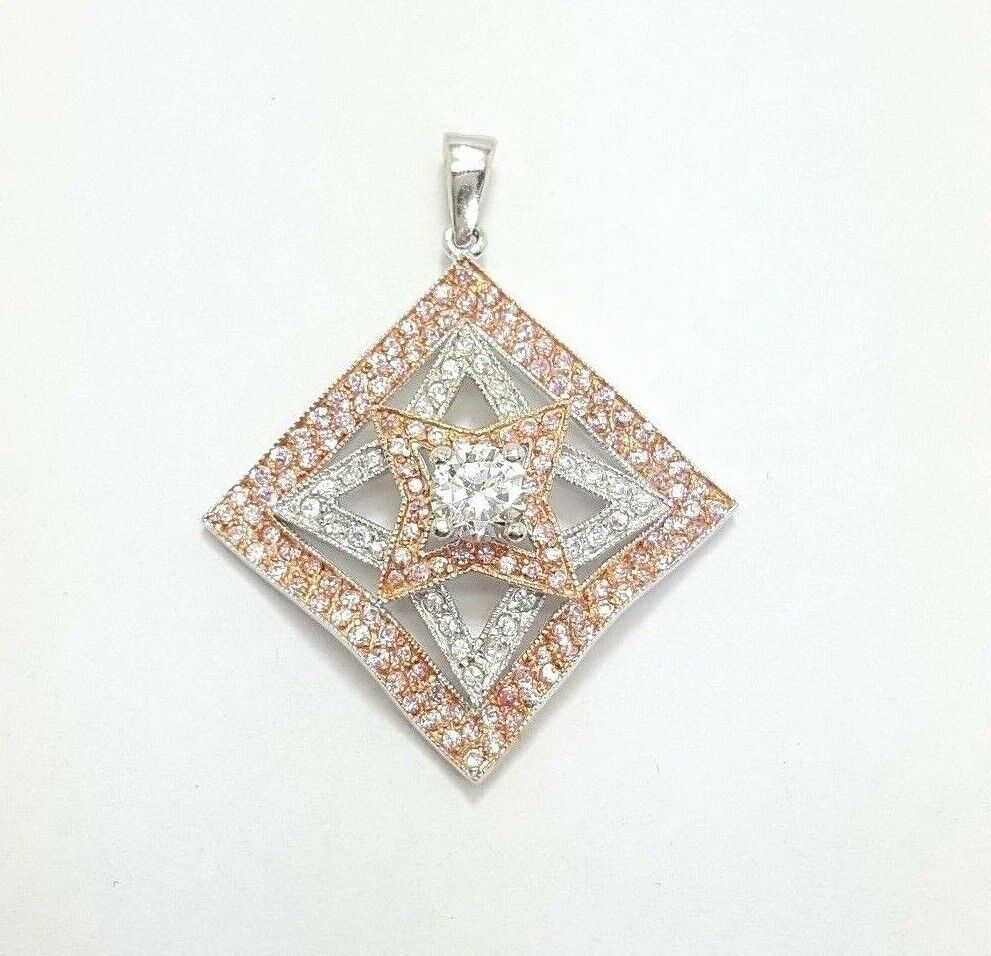 925 Sterling Silver Ladies Large Pink and White Diamante Diamond Shaped Pendant