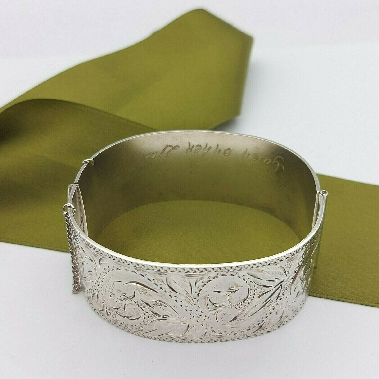 925 Sterling Silver Unique Filigree Thick Patterned Bangle with Safety Chain