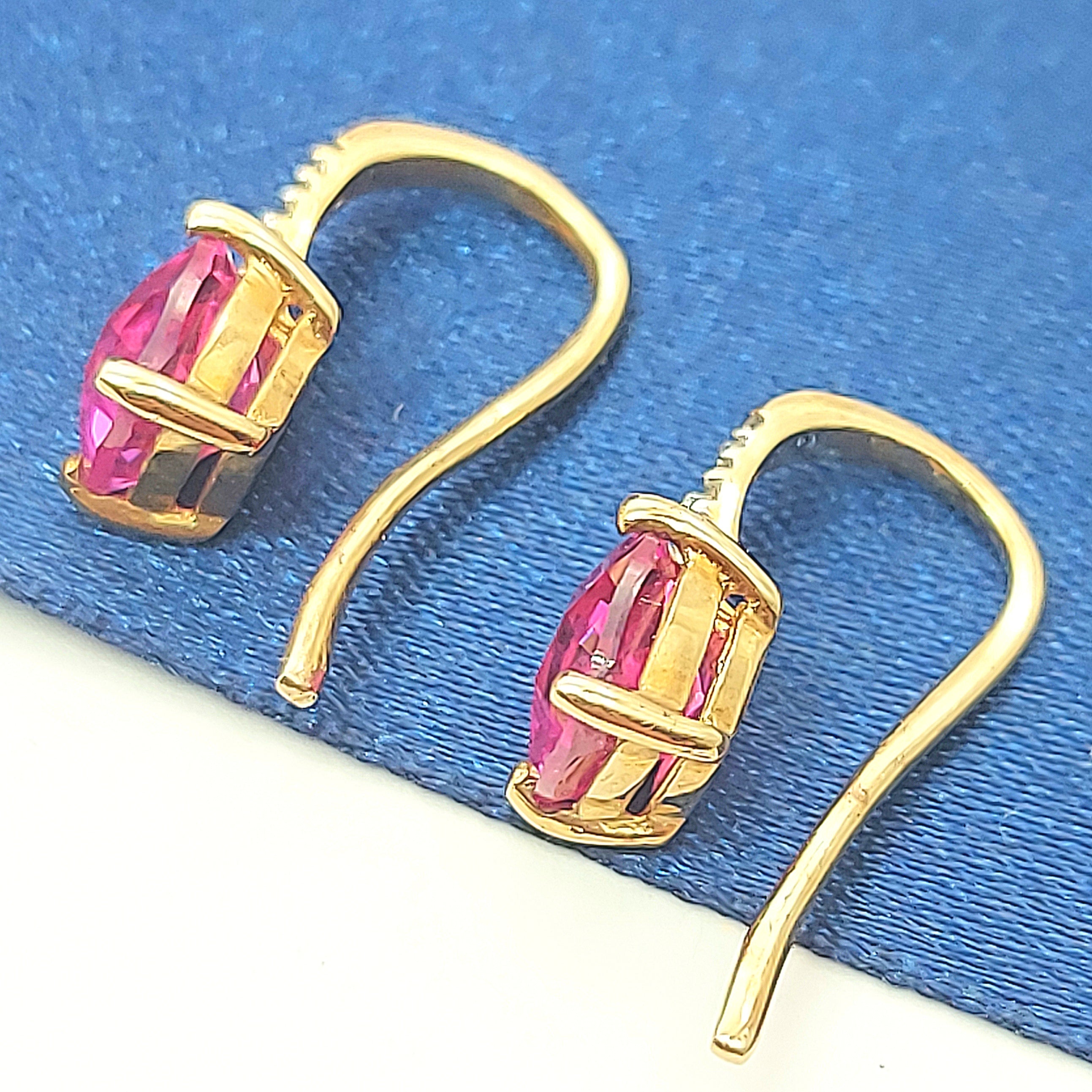 Ladies Yellow Gold 9ct (375,9k) Created Pink Sapphire & Diamonds Drop Earrings