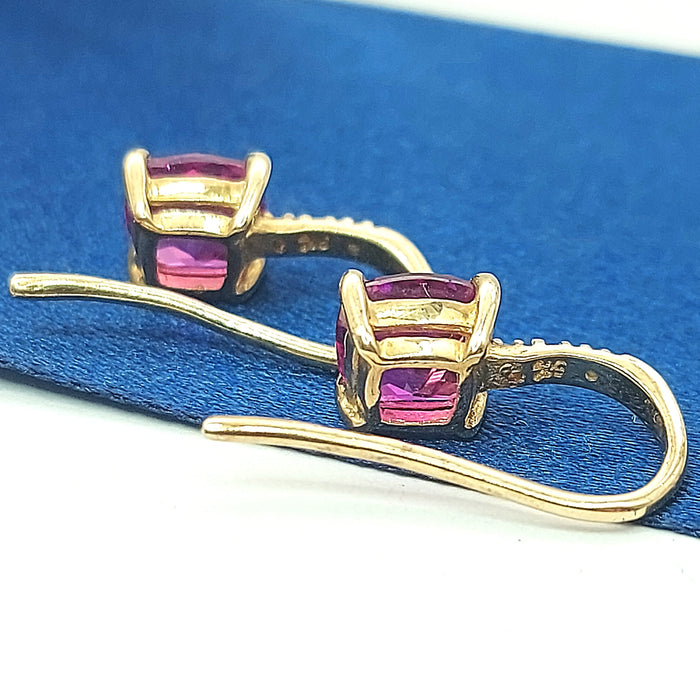 Ladies Yellow Gold 9ct (375,9k) Created Pink Sapphire & Diamonds Drop Earrings