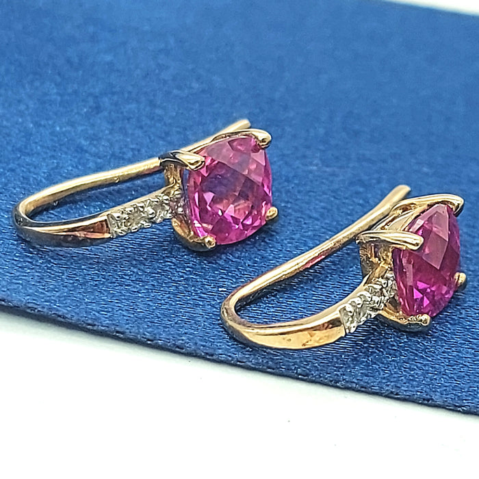 Ladies Yellow Gold 9ct (375,9k) Created Pink Sapphire & Diamonds Drop Earrings