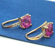 Load image into Gallery viewer, Ladies Yellow Gold 9ct (375,9k) Created Pink Sapphire &amp; Diamonds Drop Earrings
