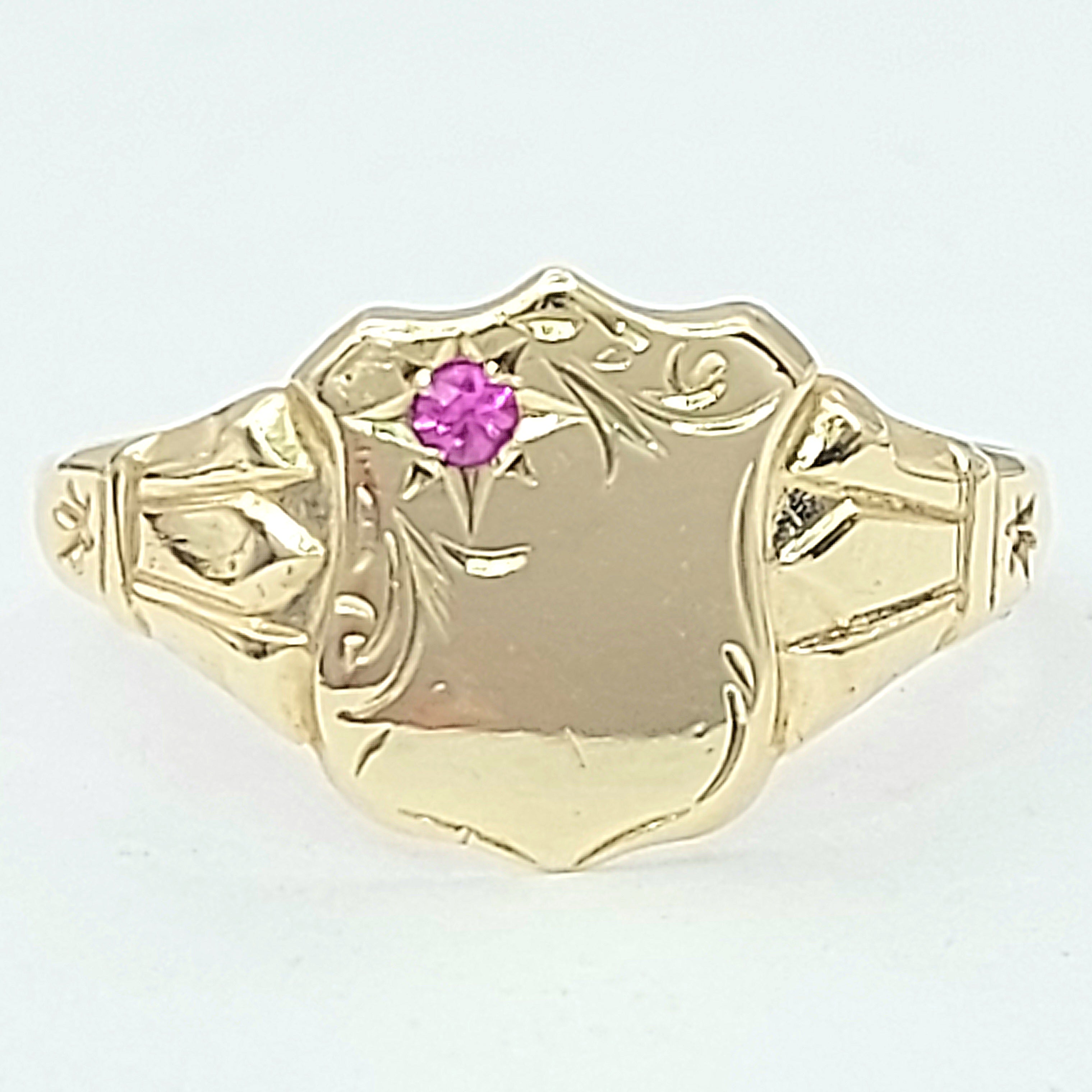 Unisex Yellow Gold 9ct (375,9k) Rare Pink Created Sapphire Shield Signet Ring