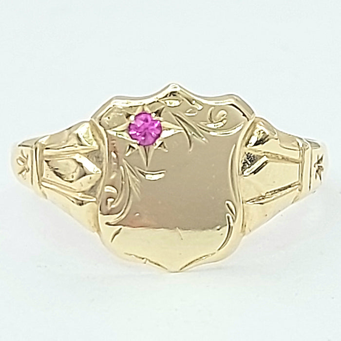 Unisex Yellow Gold 9ct (375,9k) Rare Pink Created Sapphire Shield Signet Ring