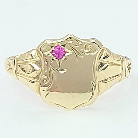 Unisex Yellow Gold 9ct (375,9k) Rare Pink Created Sapphire Shield Signet Ring
