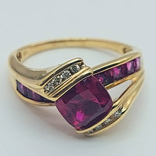 Load image into Gallery viewer, Ladies Yellow Gold 9ct (375,9k) Rare Created Rubies &amp; Natural Diamond Spilt Ring
