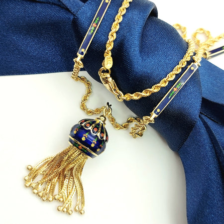 Ladies Yellow Gold 18ct(750,18K) Rare Antique Blue Floral Enamel Tassel Necklace