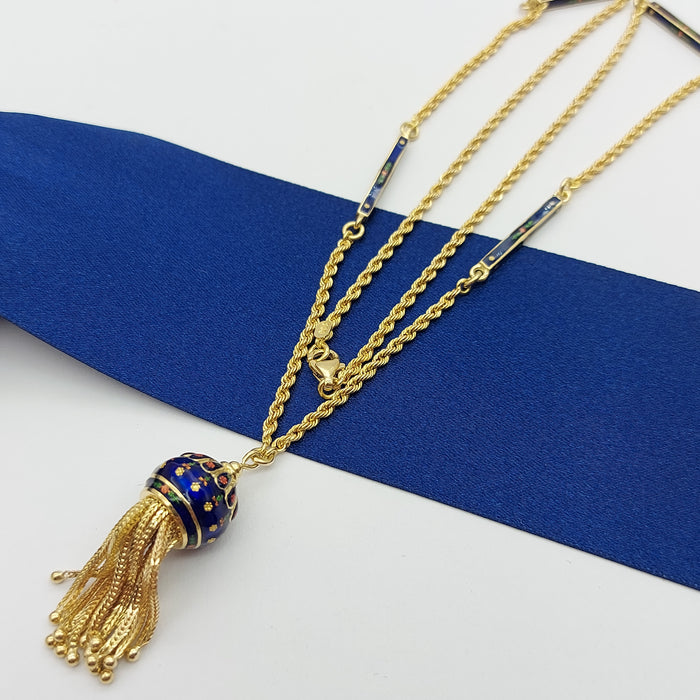 Ladies Yellow Gold 18ct(750,18K) Rare Antique Blue Floral Enamel Tassel Necklace