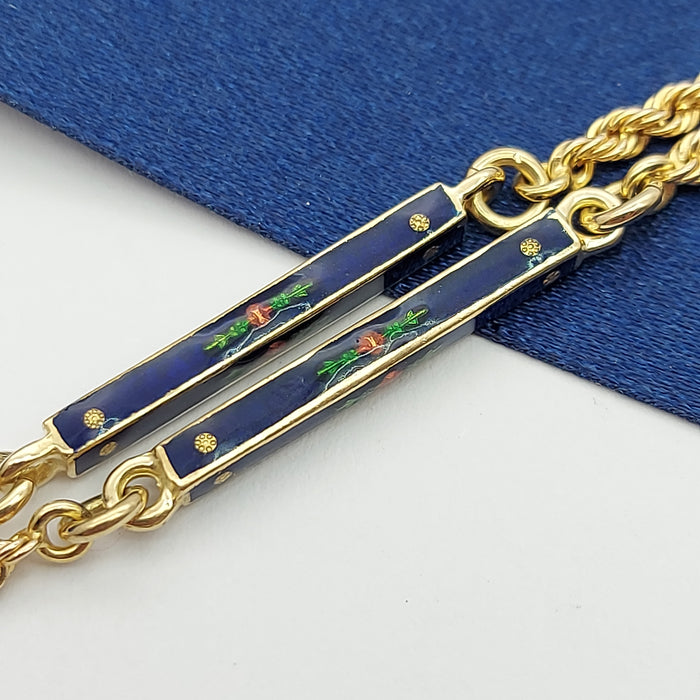 Ladies Yellow Gold 18ct(750,18K) Rare Antique Blue Floral Enamel Tassel Necklace