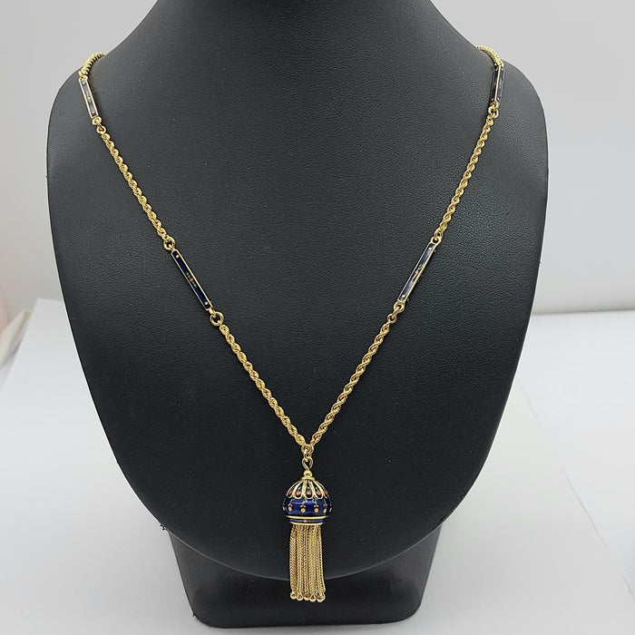 Ladies Yellow Gold 18ct(750,18K) Rare Antique Blue Floral Enamel Tassel Necklace
