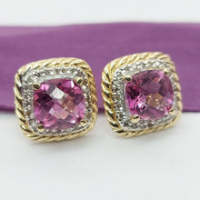 Load image into Gallery viewer, Ladies Two-Tone 14ct (585,14k) Created Pink Sapphire &amp; Diamond Halo Square Studs
