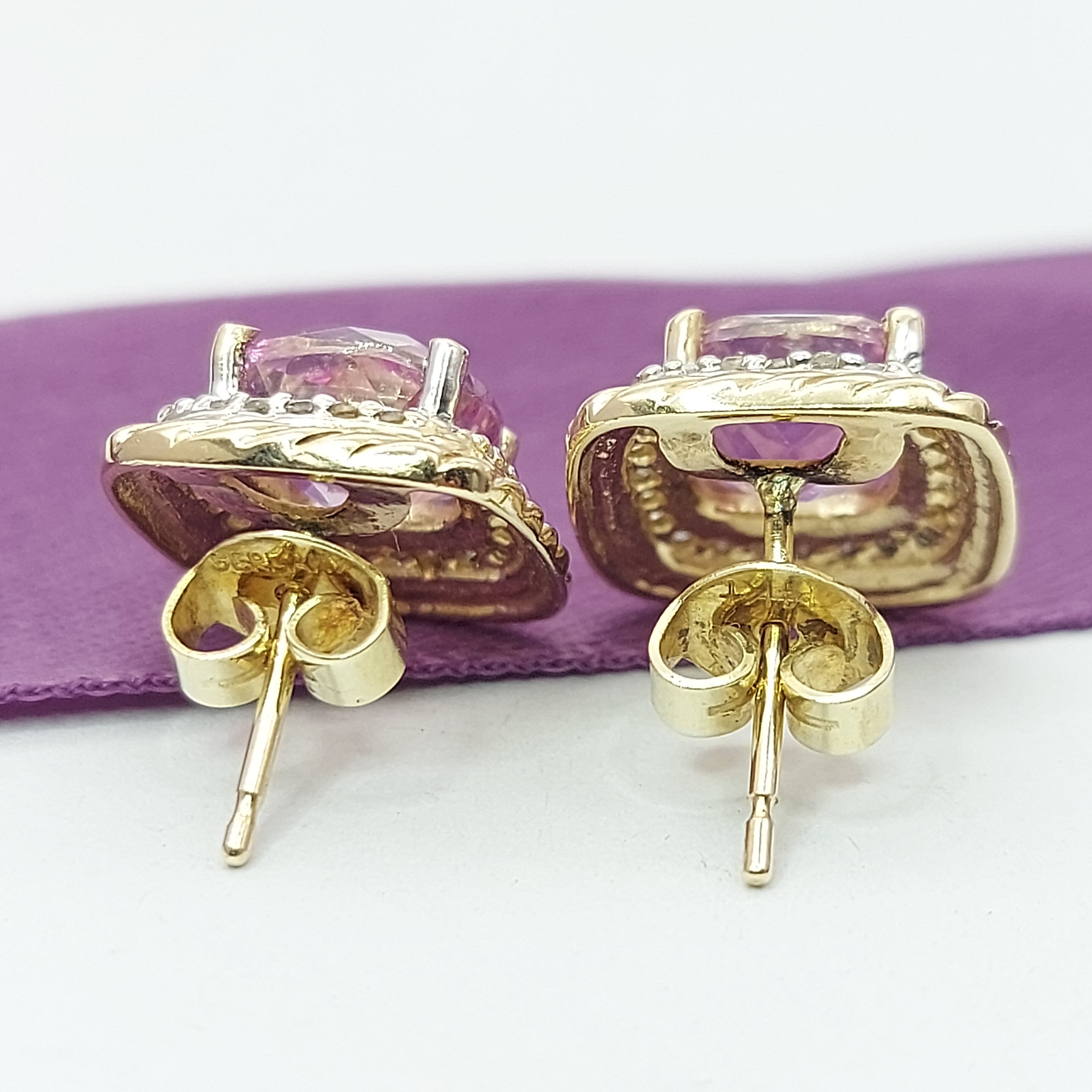 Ladies Two-Tone 14ct (585,14k) Created Pink Sapphire & Diamond Halo Square Studs