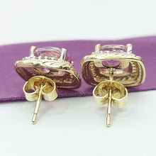 Load image into Gallery viewer, Ladies Two-Tone 14ct (585,14k) Created Pink Sapphire &amp; Diamond Halo Square Studs
