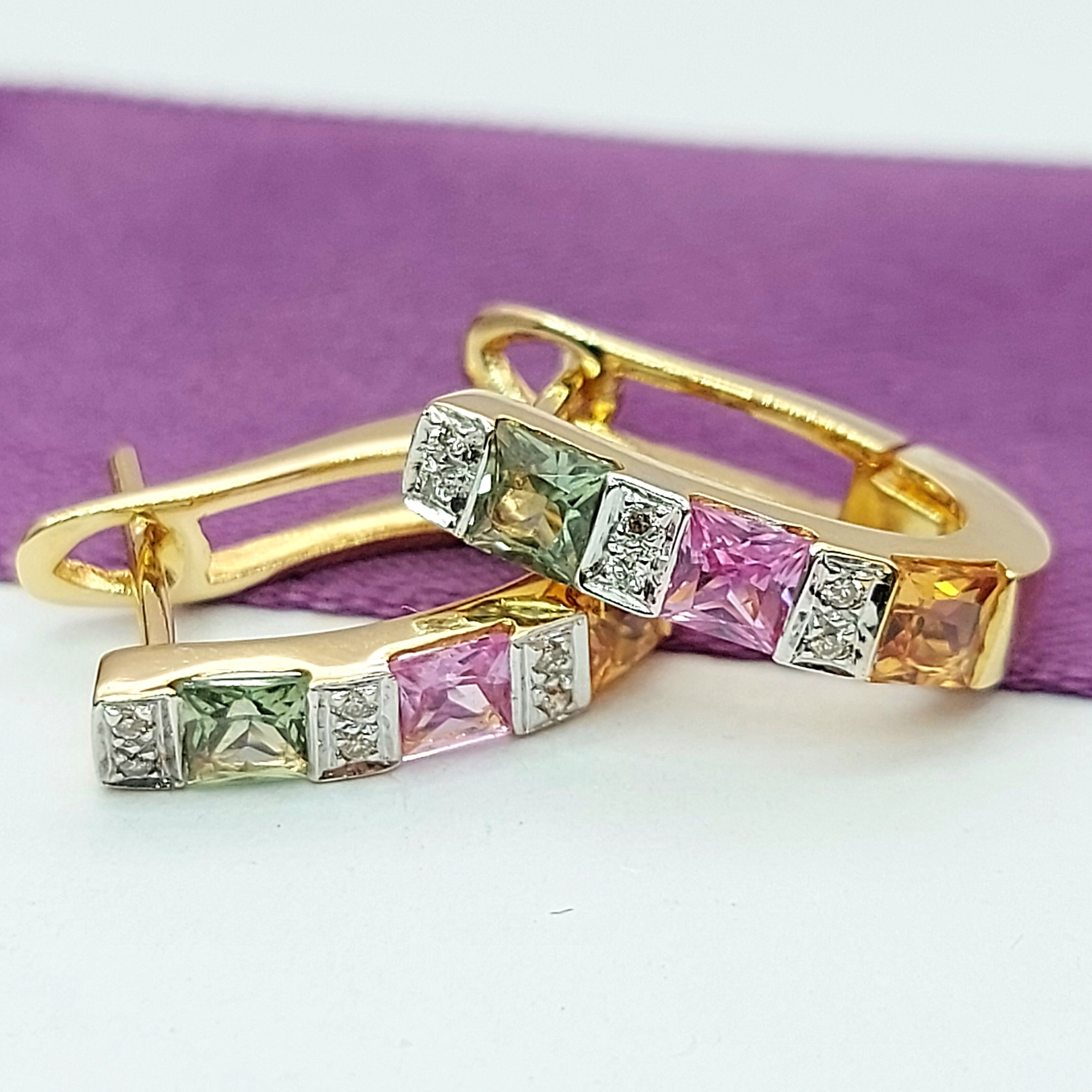 Ladies Yellow Gold 18ct (750, 18k) Multi-Colour Sapphire & Diamond Huggies