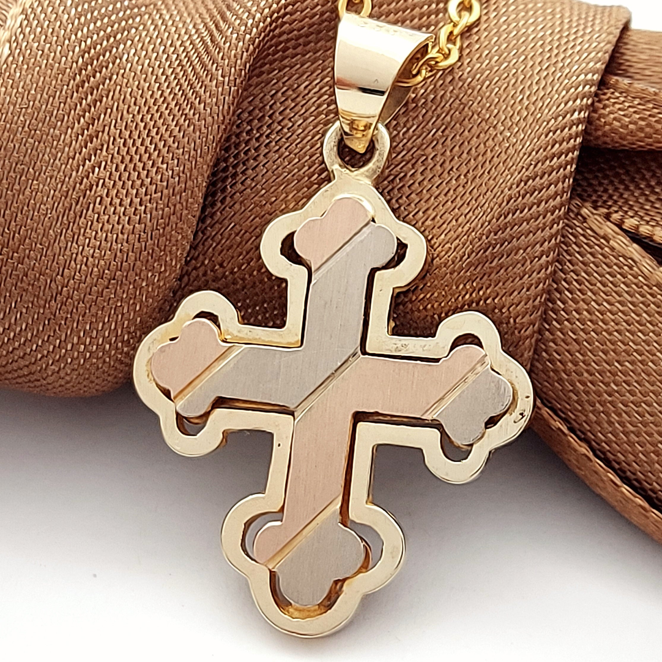Unisex Tri-Tone Gold 14ct (585, 14K) High Quality Crucifix Halo Cross Pendant