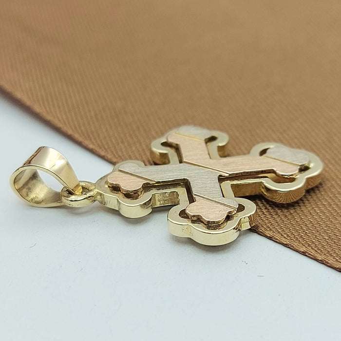 Unisex Tri-Tone Gold 14ct (585, 14K) High Quality Crucifix Halo Cross Pendant