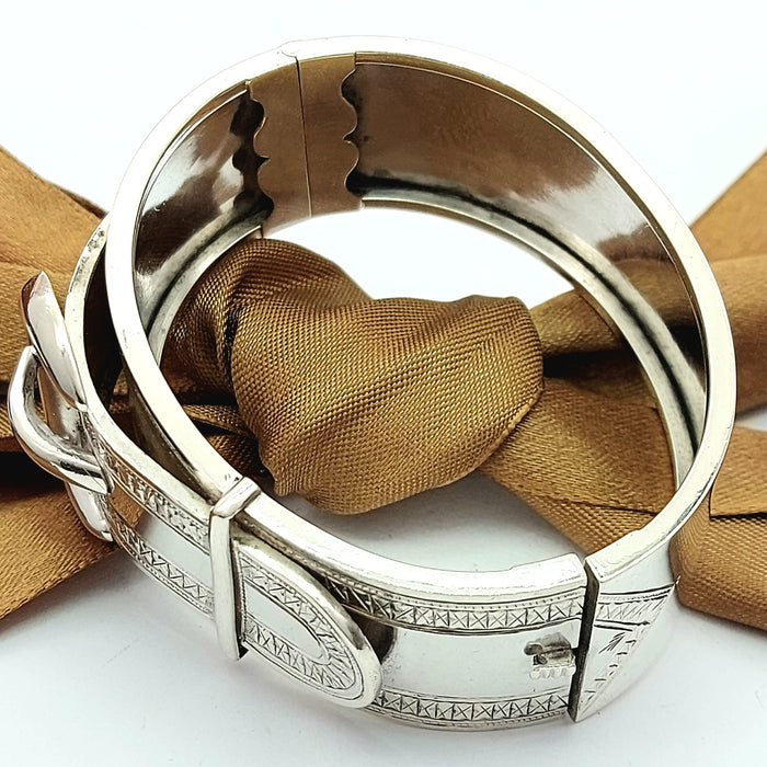 Ladies Sterling Silver (925) Antique Hand-Engraved Buckle Design Cuff Bracelet