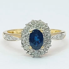 Load image into Gallery viewer, Ladies Yellow Gold 14ct (585, 14K) Natural Sapphire &amp; 18x Diamonds Halo Ring
