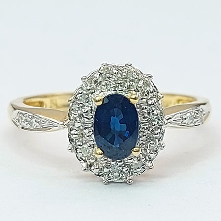 Ladies Yellow Gold 14ct (585, 14K) Natural Sapphire & 18x Diamonds Halo Ring