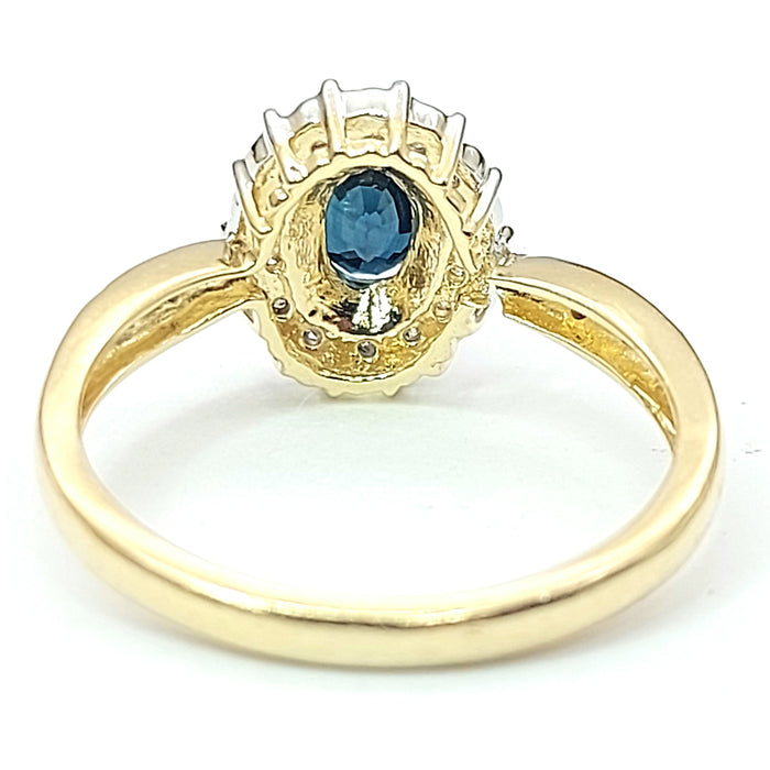 Ladies Yellow Gold 14ct (585, 14K) Natural Sapphire & 18x Diamonds Halo Ring