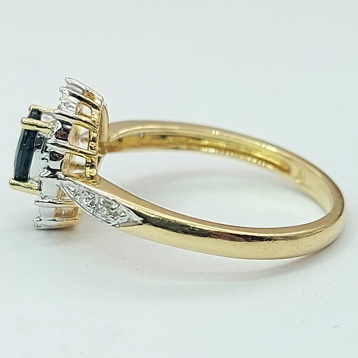 Ladies Yellow Gold 14ct (585, 14K) Natural Sapphire & 18x Diamonds Halo Ring