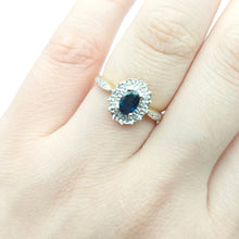 Load image into Gallery viewer, Ladies Yellow Gold 14ct (585, 14K) Natural Sapphire &amp; 18x Diamonds Halo Ring
