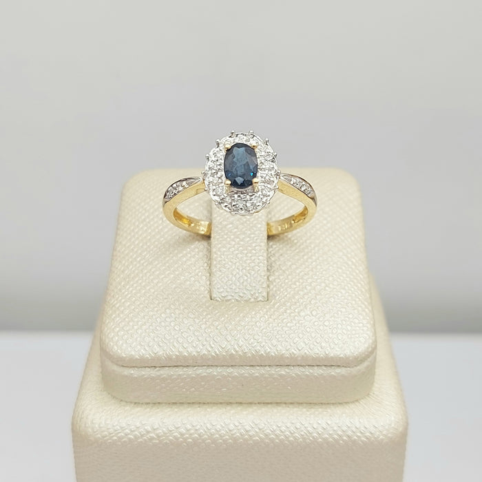 Ladies Yellow Gold 14ct (585, 14K) Natural Sapphire & 18x Diamonds Halo Ring