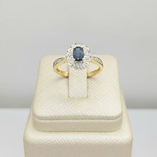 Load image into Gallery viewer, Ladies Yellow Gold 14ct (585, 14K) Natural Sapphire &amp; 18x Diamonds Halo Ring
