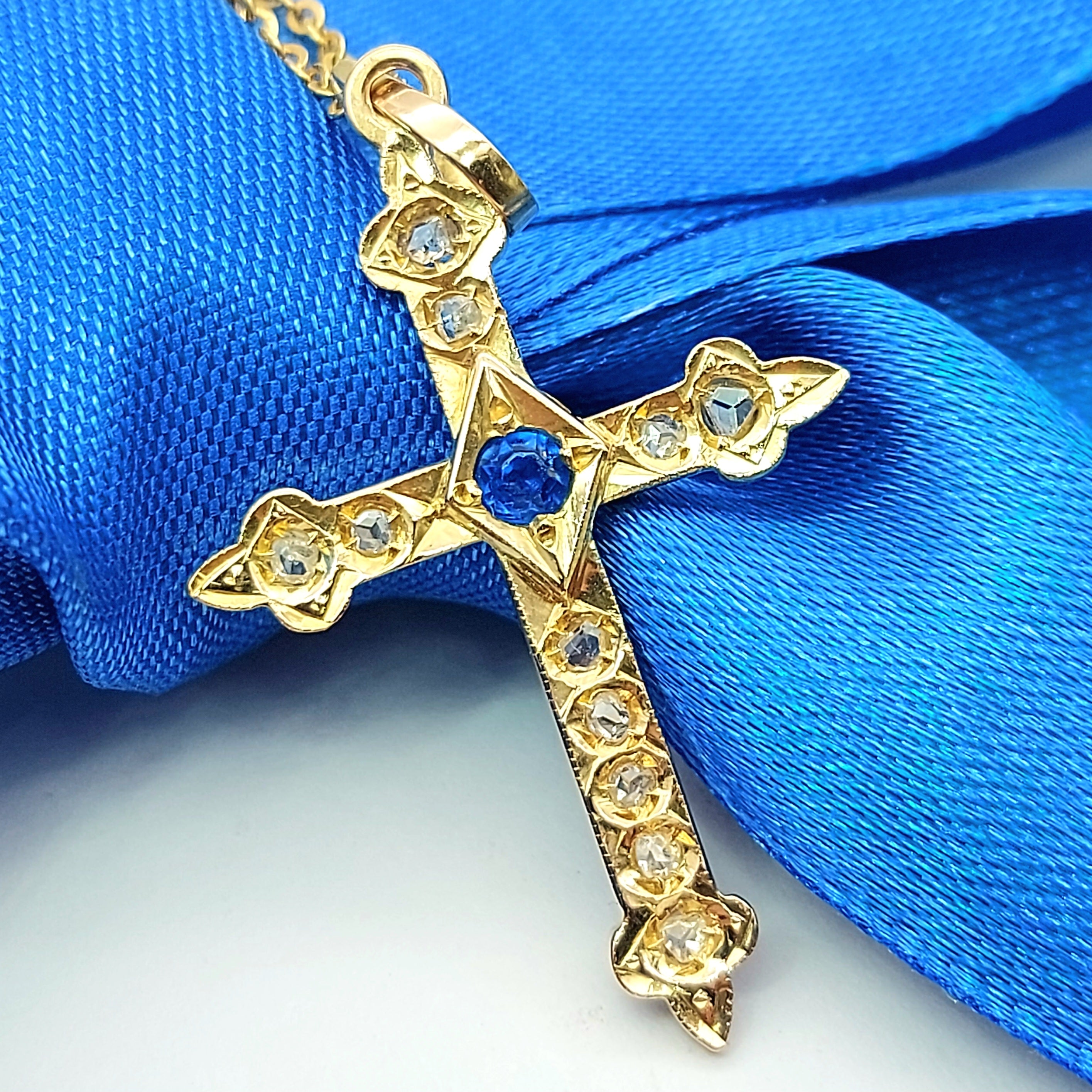 Old Rose Cut Diamonds & Sapphire Antique Cross Yellow Gold 18ct(750,18K) Pendant