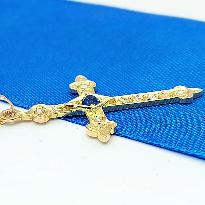 Old Rose Cut Diamonds & Sapphire Antique Cross Yellow Gold 18ct(750,18K) Pendant
