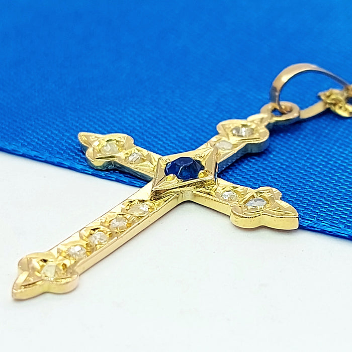 Old Rose Cut Diamonds & Sapphire Antique Cross Yellow Gold 18ct(750,18K) Pendant