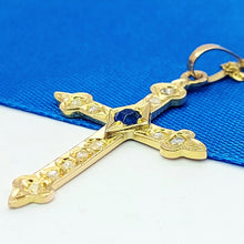 Load image into Gallery viewer, Old Rose Cut Diamonds &amp; Sapphire Antique Cross Yellow Gold 18ct(750,18K) Pendant
