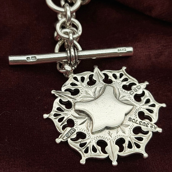 Solid Antique Sterling Silver (925) Curb T-Bar Pendant Unisex Necklace
