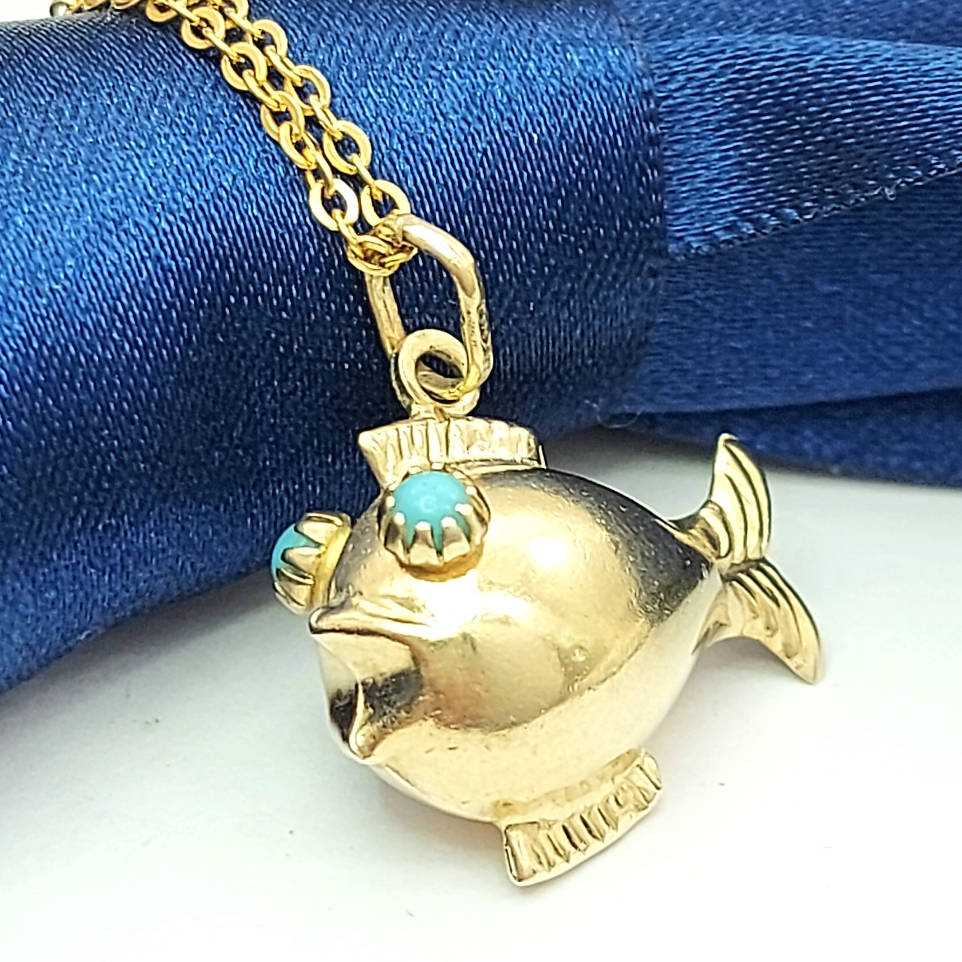 Ladies Yellow Gold 9ct (375, 9K) Unique Puffy Fish W/ Turquoise Eyes Pendant