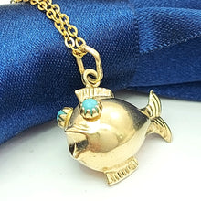 Load image into Gallery viewer, Ladies Yellow Gold 9ct (375, 9K) Unique Puffy Fish W/ Turquoise Eyes Pendant
