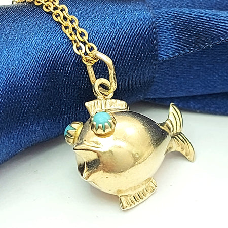 Ladies Yellow Gold 9ct (375, 9K) Unique Puffy Fish W/ Turquoise Eyes Pendant