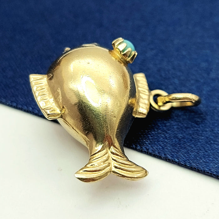 Ladies Yellow Gold 9ct (375, 9K) Unique Puffy Fish W/ Turquoise Eyes Pendant