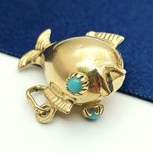 Load image into Gallery viewer, Ladies Yellow Gold 9ct (375, 9K) Unique Puffy Fish W/ Turquoise Eyes Pendant
