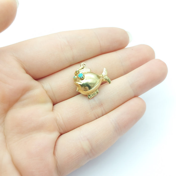 Ladies Yellow Gold 9ct (375, 9K) Unique Puffy Fish W/ Turquoise Eyes Pendant