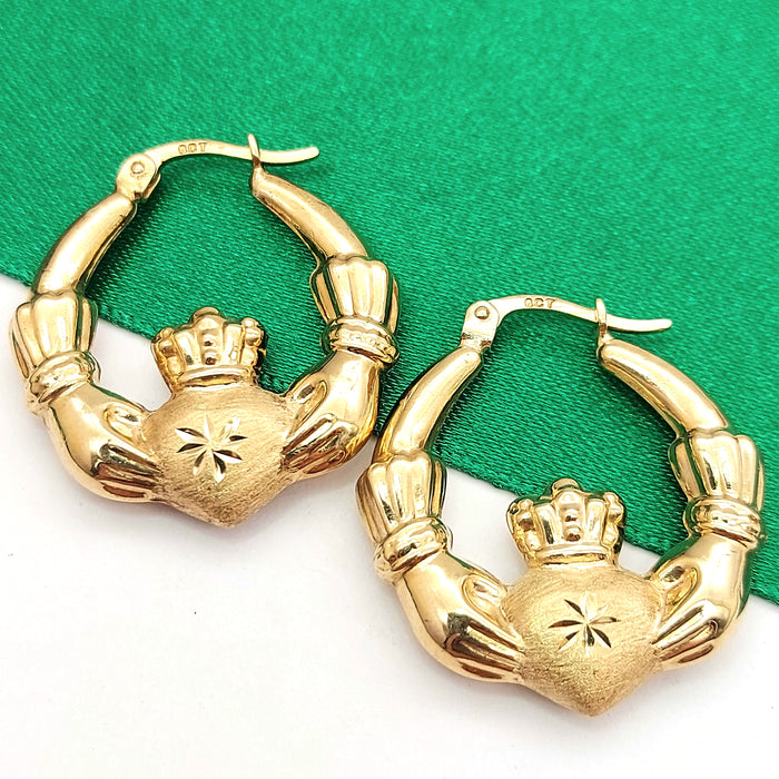 Ladies Yellow Gold 9ct (375, 9K) Irish Claddagh Large Rare Hoops