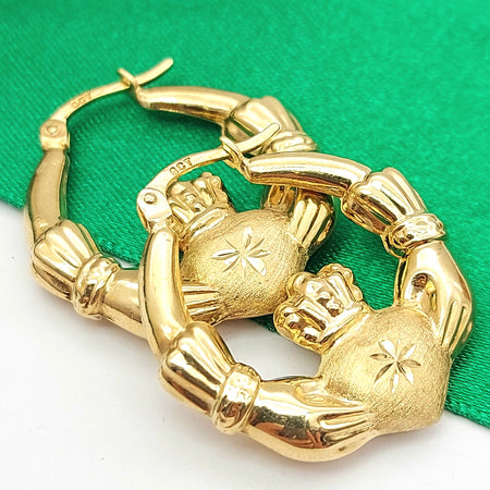 Ladies Yellow Gold 9ct (375, 9K) Irish Claddagh Large Rare Hoops