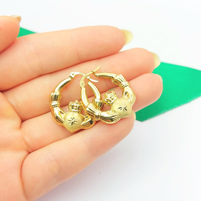 Ladies Yellow Gold 9ct (375, 9K) Irish Claddagh Large Rare Hoops