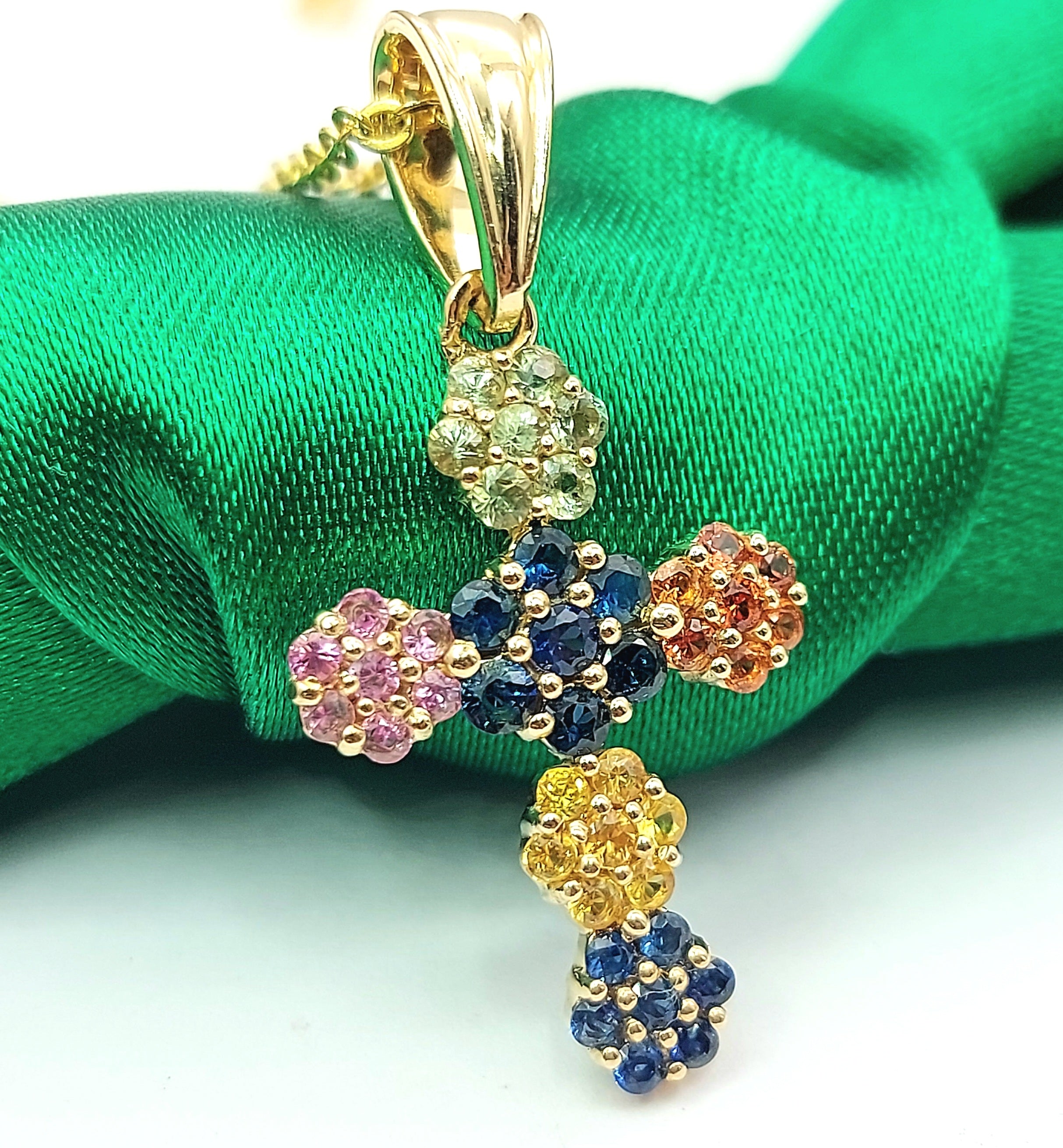 Ladies Yellow Gold 9ct (375, 9k) Unique Multi-Stones Floral Cross Pendant