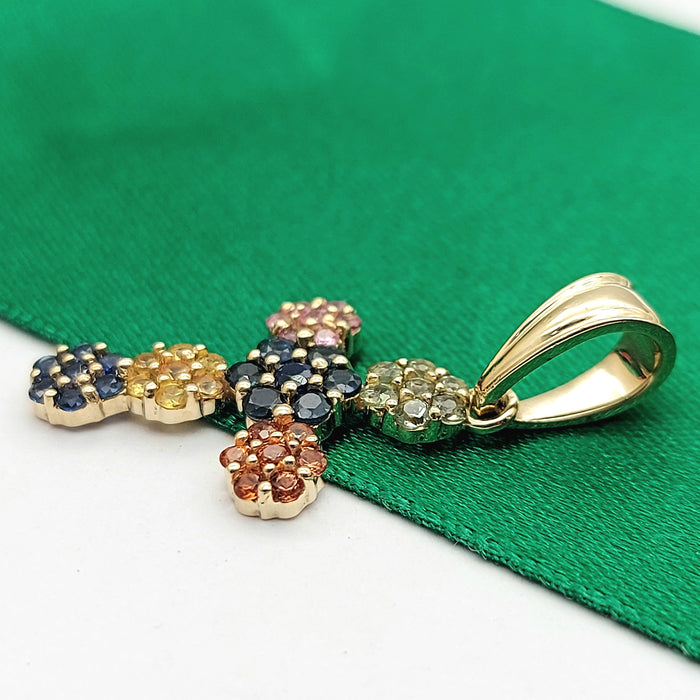 Ladies Yellow Gold 9ct (375, 9k) Unique Multi-Stones Floral Cross Pendant
