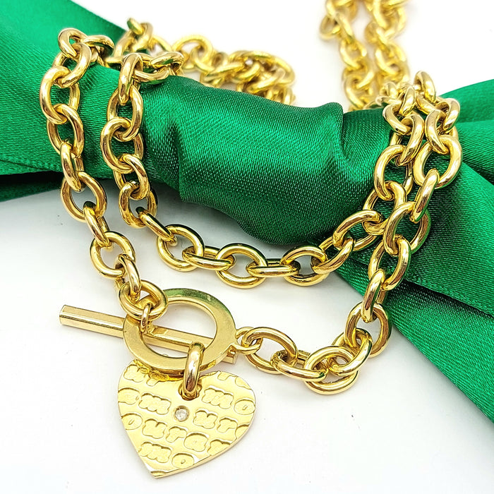 Ladies Yellow Gold 9ct (375, 9k) Rare Heart Tag With Diamond Toggle Necklace