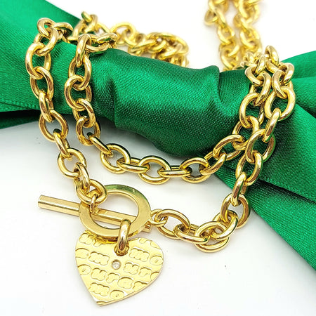 Ladies Yellow Gold 9ct (375, 9k) Rare Heart Tag With Diamond Toggle Necklace