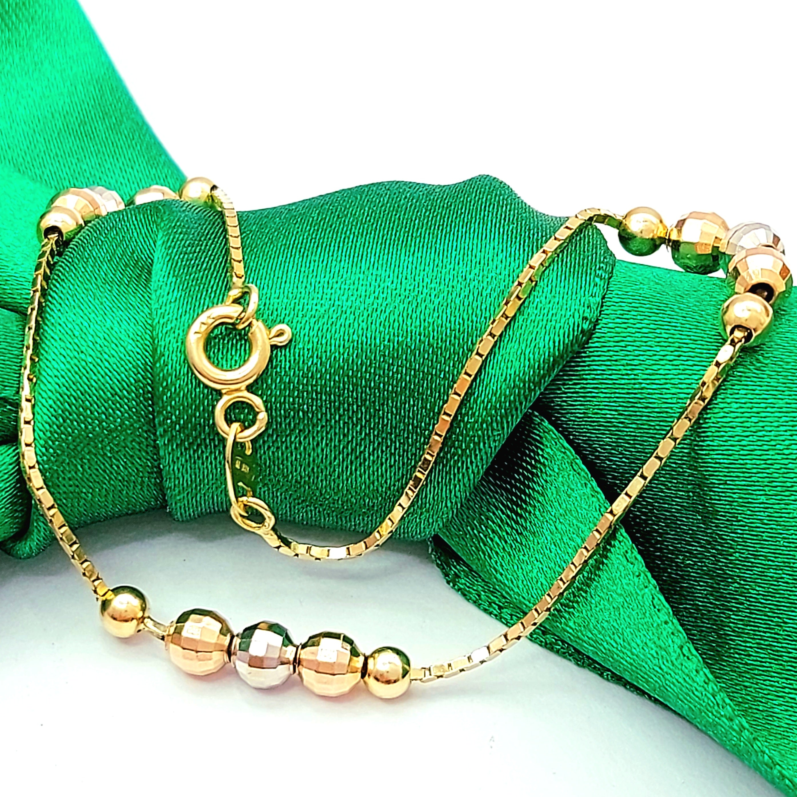 Ladies Tri-Tone Gold 14ct (585,14k) High Quality Disco Cut Beads Dainty Bracelet