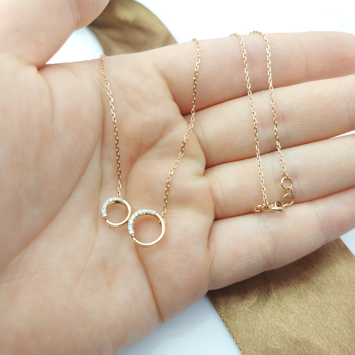 Ladies Rose Gold 14ct (585, 14K) Natural Diamonds 11pts Double Circles Necklace